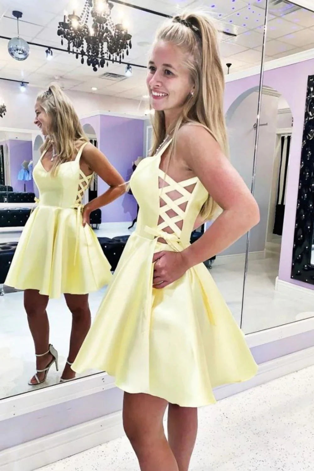 A-line Cutout Satin Yellow Short Mini Homecoming Dress With Bow