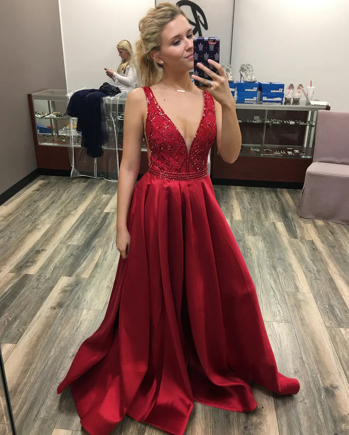 A-line Deep V Neck Beaded Satin Red Floor Length Prom Dress