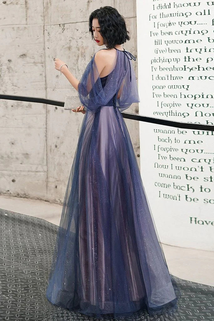 A-line Halter Applique Tulle Blue Floor Length Prom Dress For Women