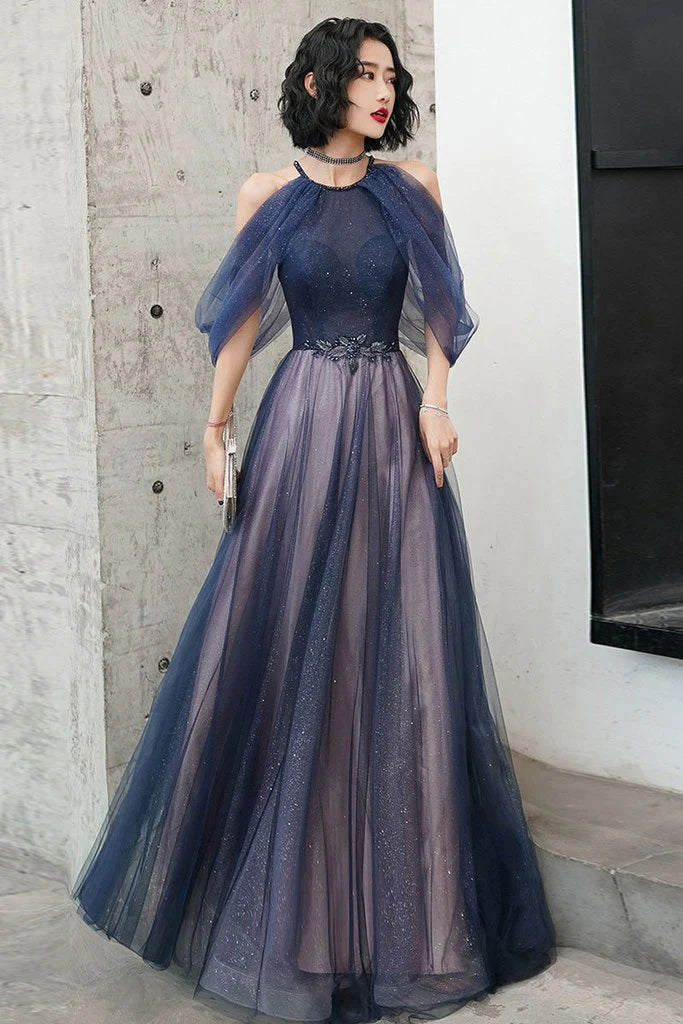 A-line Halter Applique Tulle Blue Floor Length Prom Dress For Women