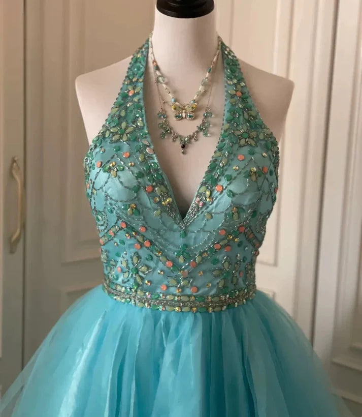 A-line Halter Beaded Layers Blue Short Homecoming Dress Party Dress