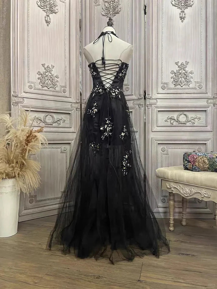 A-line Halter Floral Rhinestone Tulle Black Long Party Dress Prom Dress