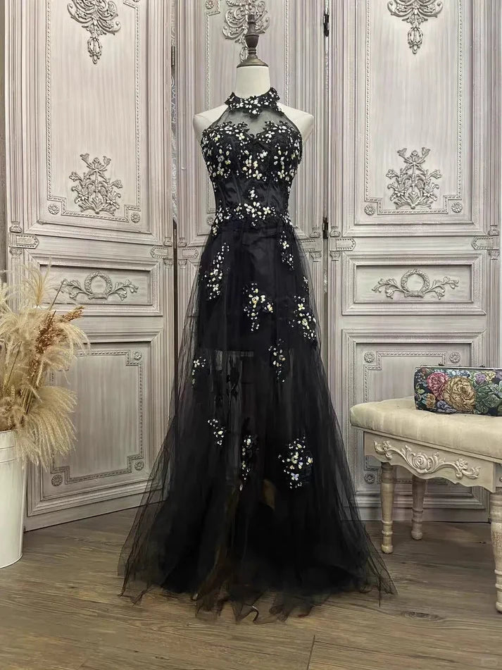 A-line Halter Floral Rhinestone Tulle Black Long Party Dress Prom Dress