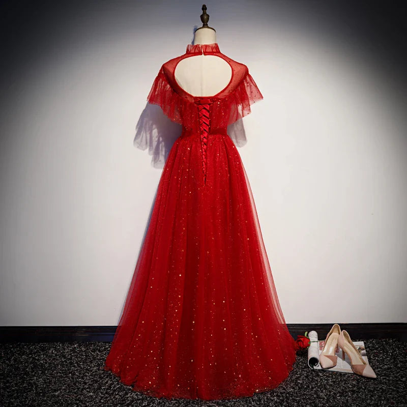 A-line High Neck Cap Sleeve Sequins Tulle Red Long Prom Dress