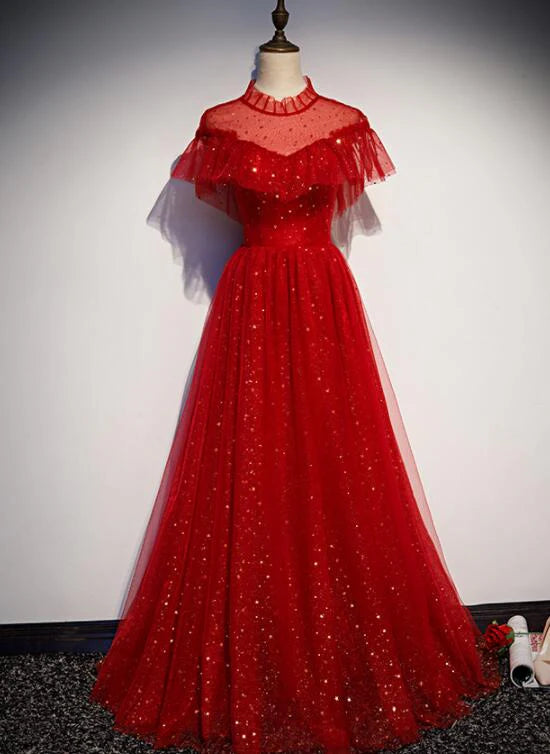 A-line High Neck Cap Sleeve Sequins Tulle Red Long Prom Dress