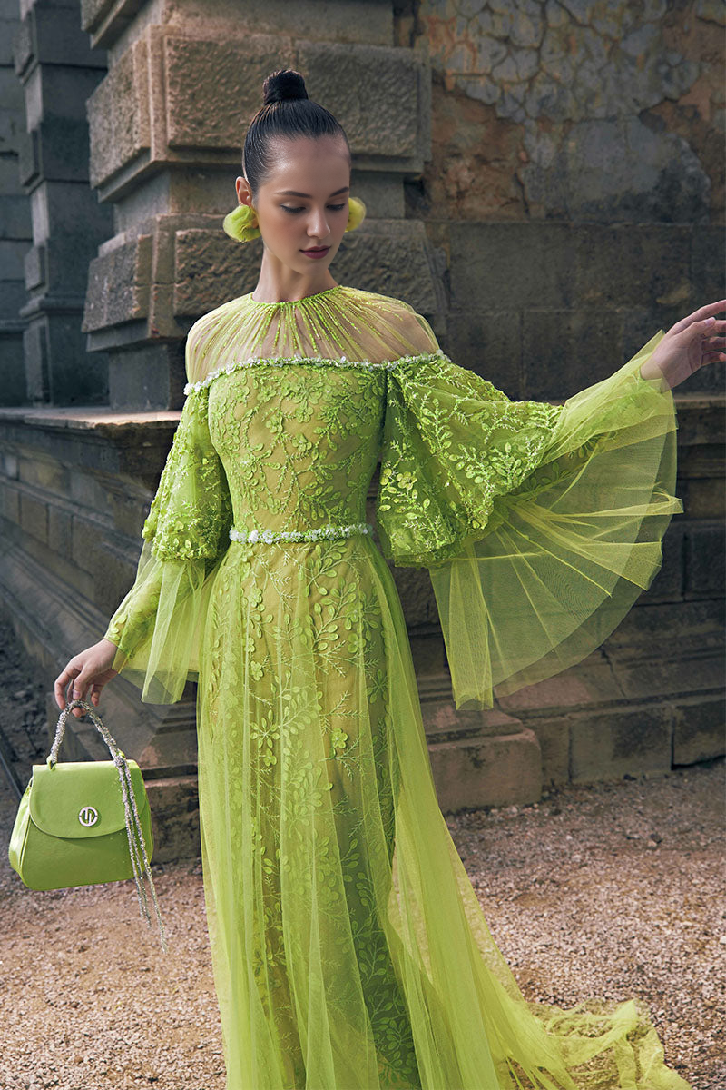 A-line Long Sleeves Round Neck Tiered Lace Tulle Prom Dress With Applique