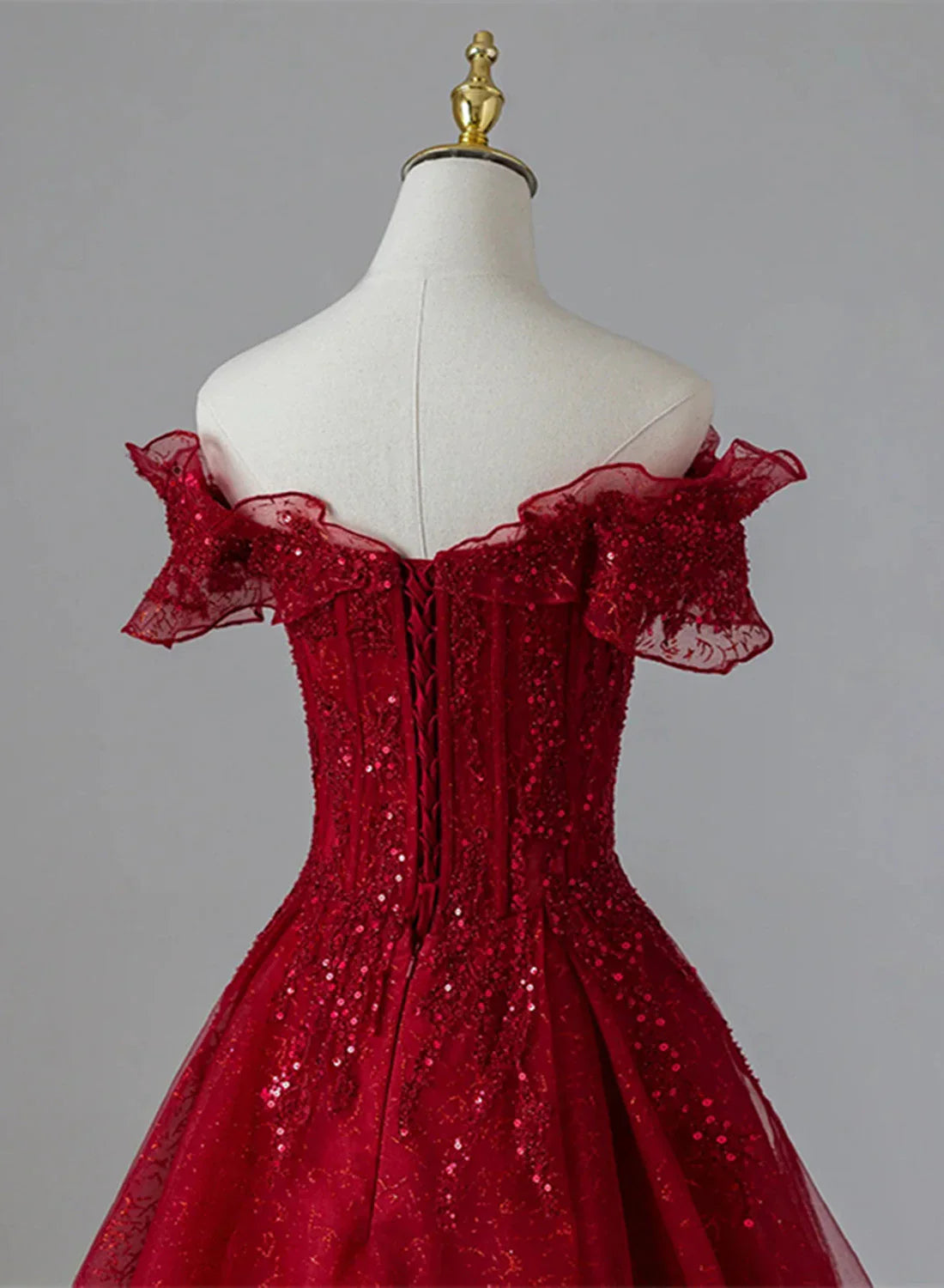 A-line Off-Shoulder Sequins Lace Tulle Wine Party Dress Prom Dress