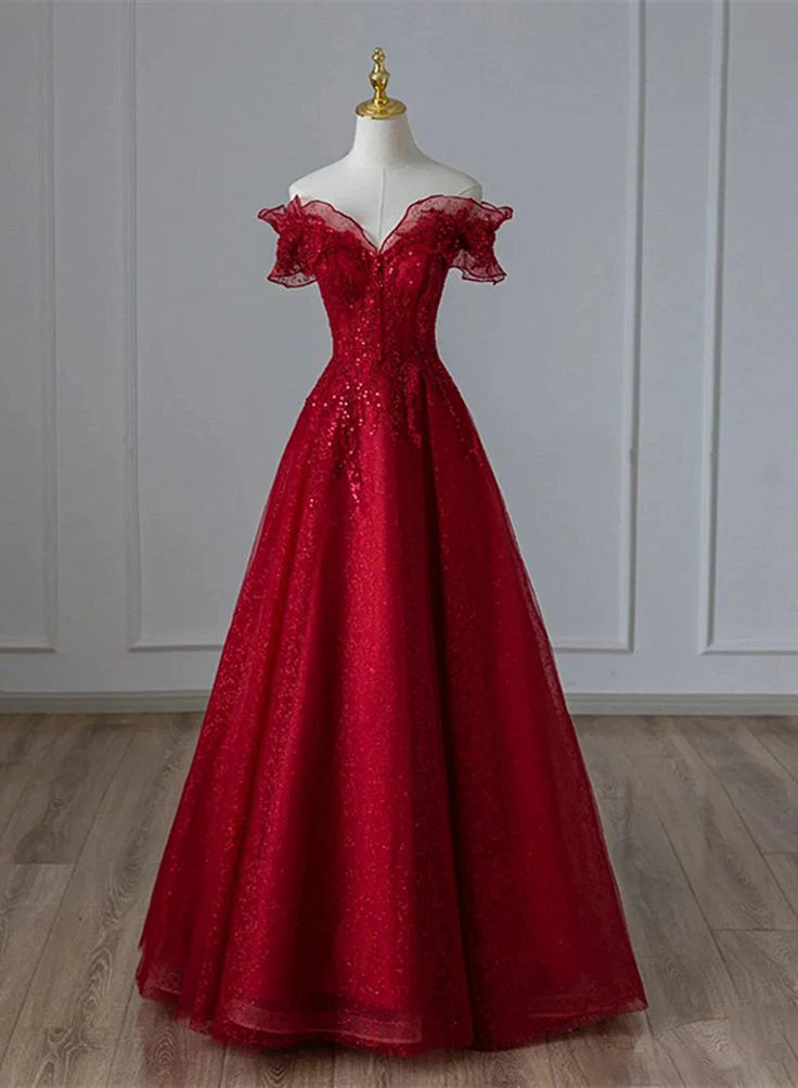 A-line Off-Shoulder Sequins Lace Tulle Wine Party Dress Prom Dress
