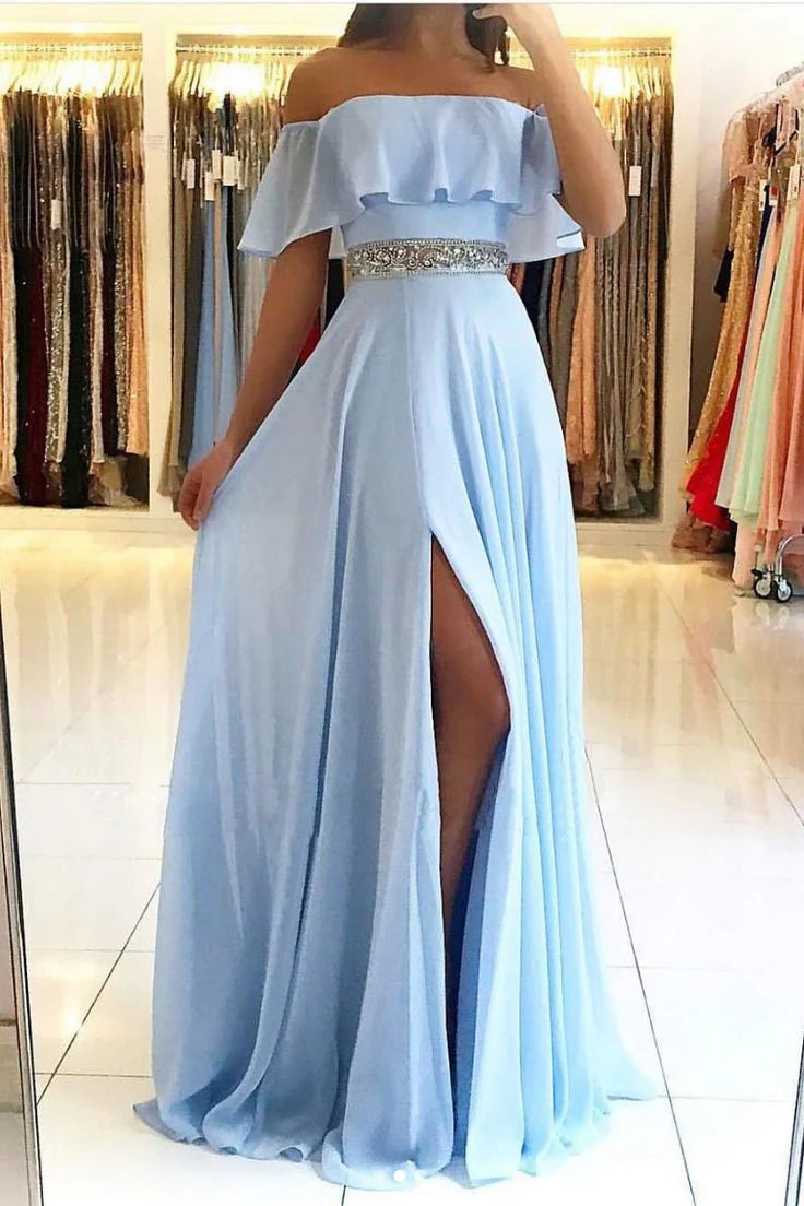 A-line Off-The-Shoulder Beaded Belt Chiffon Blue Prom Dress With Slit