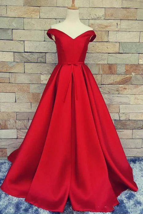 A-line Off-the-Shoulder Lace Up Back Satin Red Long Prom Dress