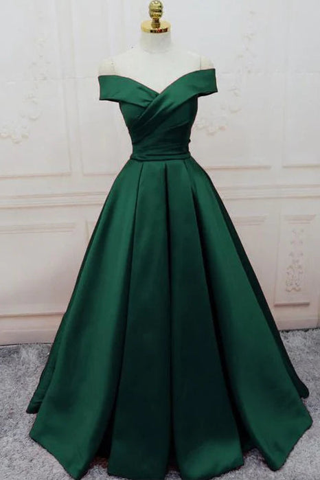 A-line Off-the-Shoulder Pleated Satin Dark Green Senior Grad Prom Dress