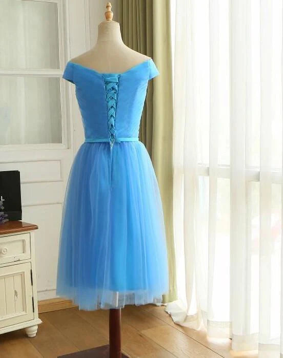A-line Off-the-Shoulder Pleated Tulle Blue Short Bridesmaid Dress With Belt Bow