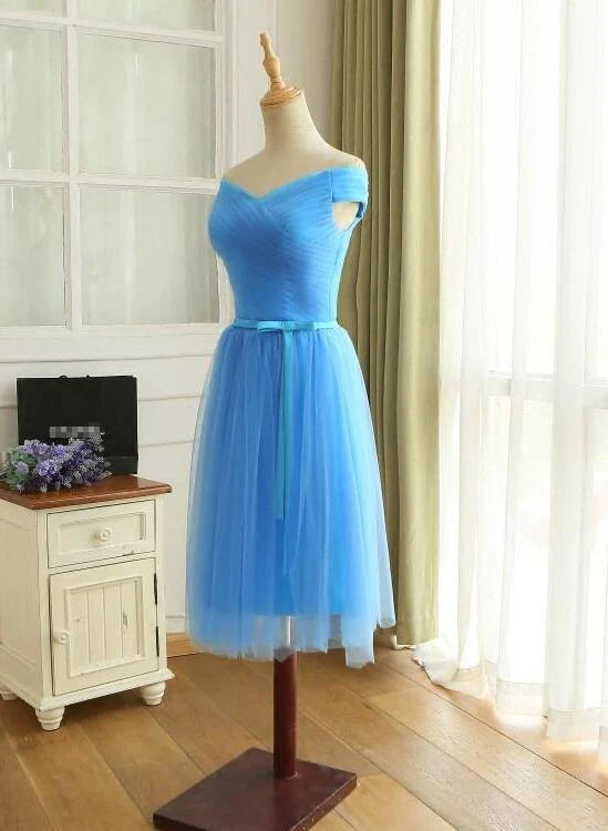 A-line Off-the-Shoulder Pleated Tulle Blue Short Bridesmaid Dress With Belt Bow