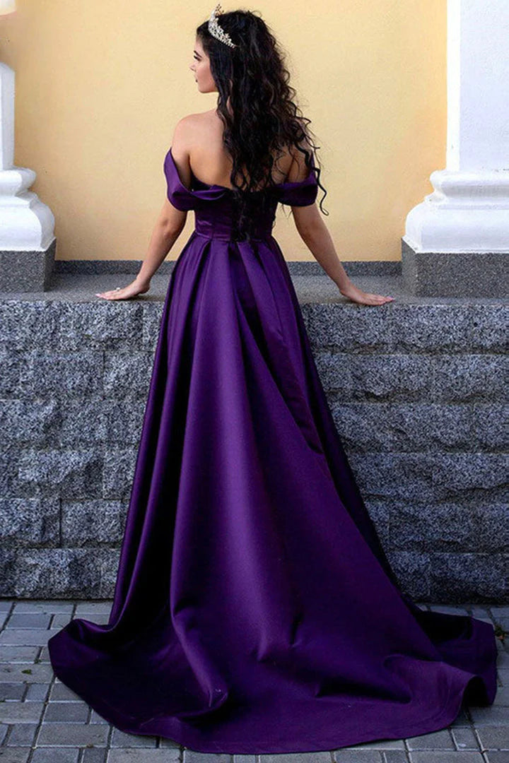 A-line Off-the-Shoulder Satin Purple Long Prom Dress Evening Dress With Slit