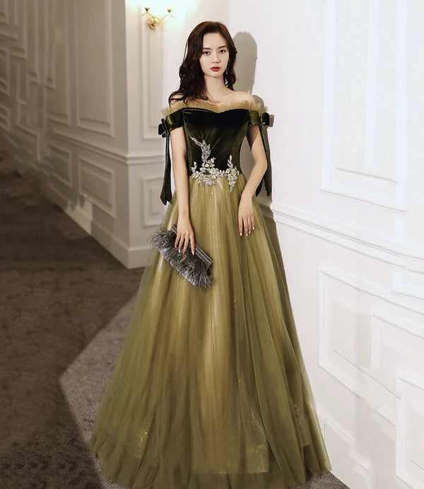 A-line Off-the-Shoulder Tulle Green Long Prom Dress Evening Dress