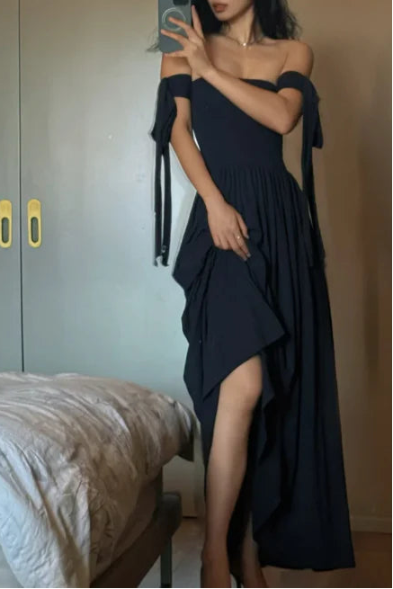 A-line Off-the-shoulder Tie Chiffon Black Evening Dress Birthday Dress