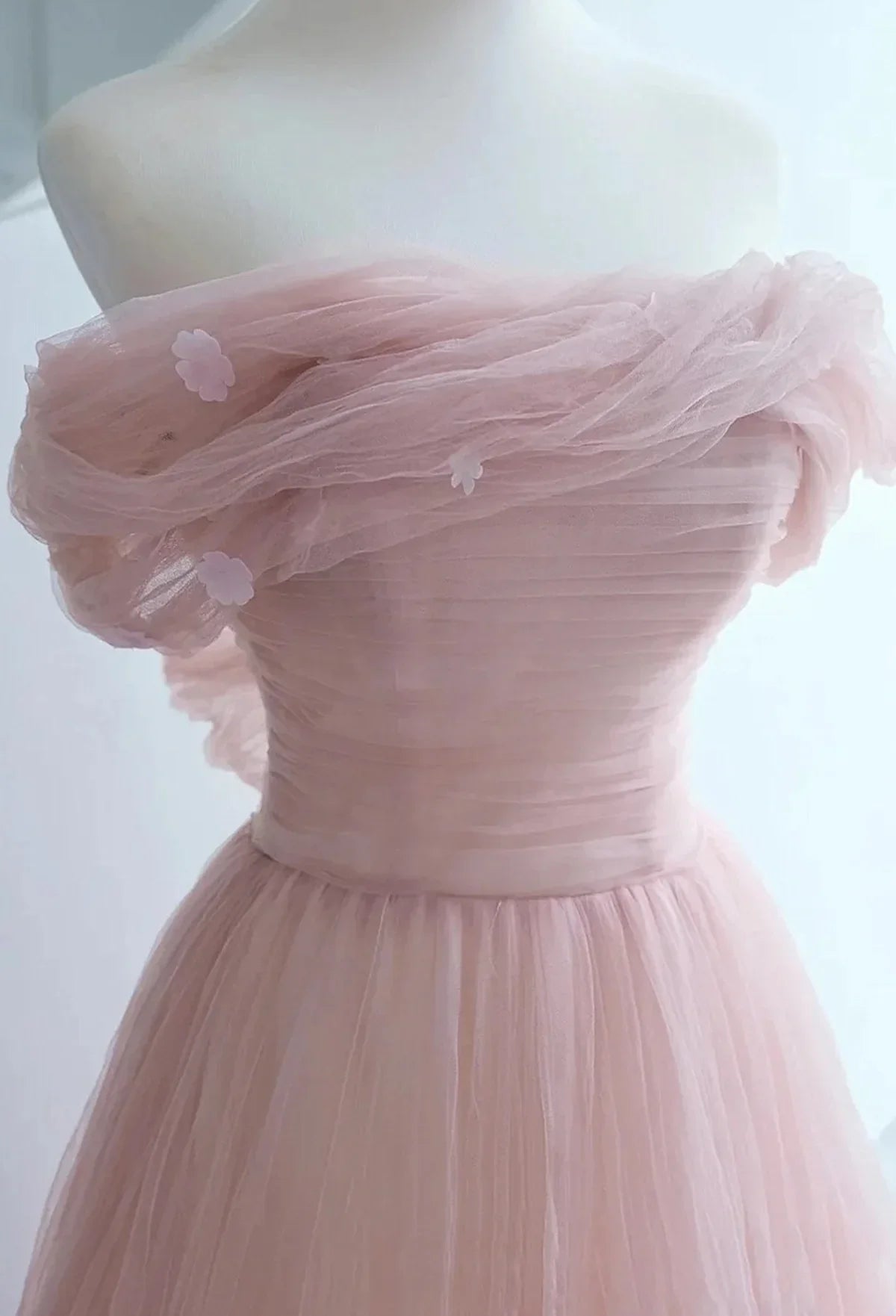 A-line Off Shoulder Pleated Tulle Pink Floor Length Party Dress Prom Dress