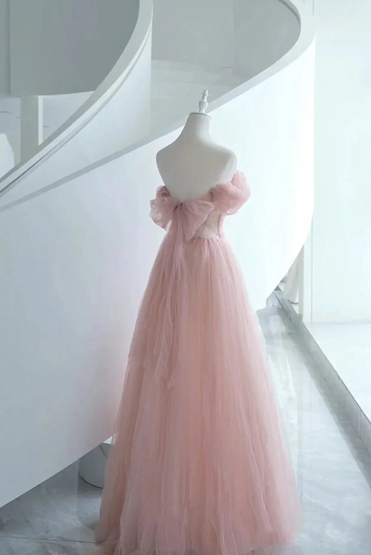 A-line Off Shoulder Pleated Tulle Pink Floor Length Party Dress Prom Dress
