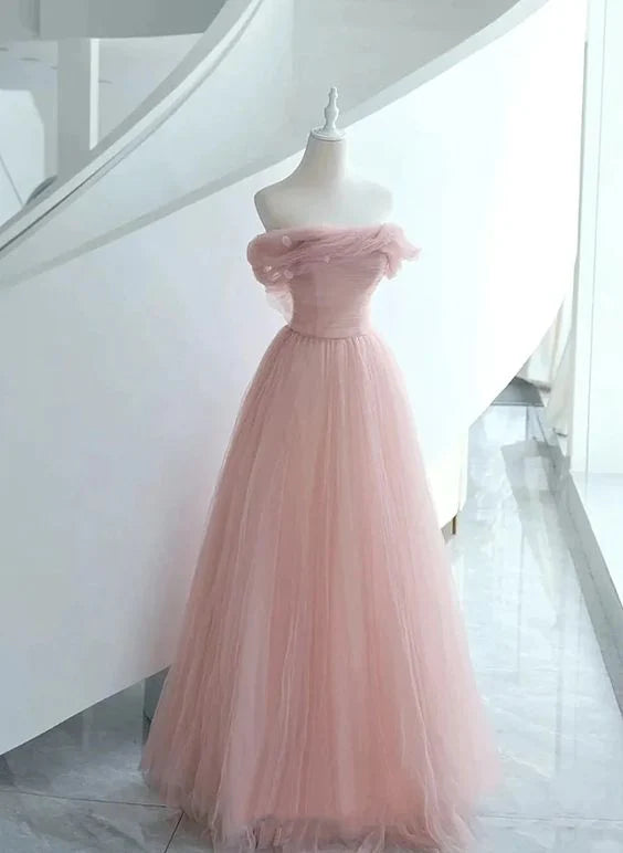 A-line Off Shoulder Pleated Tulle Pink Floor Length Party Dress Prom Dress