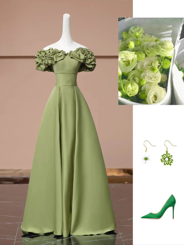 A-line Off Shoulder Ruched Satin Green Long Prom Dress Party Dress