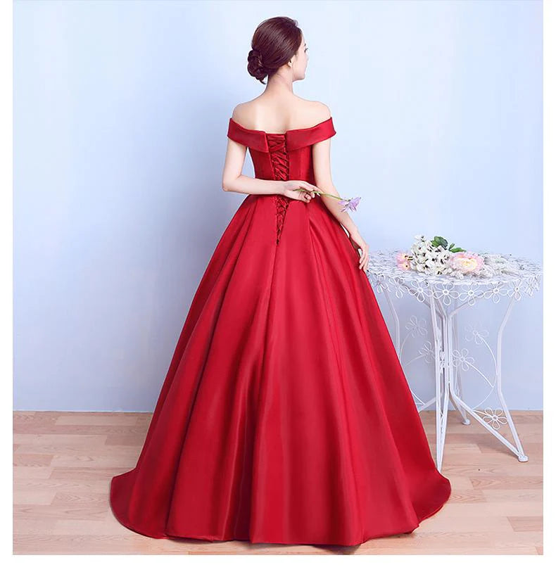A-line Off Shoulder Satin Red Floor Length Evening Dress Prom Dress
