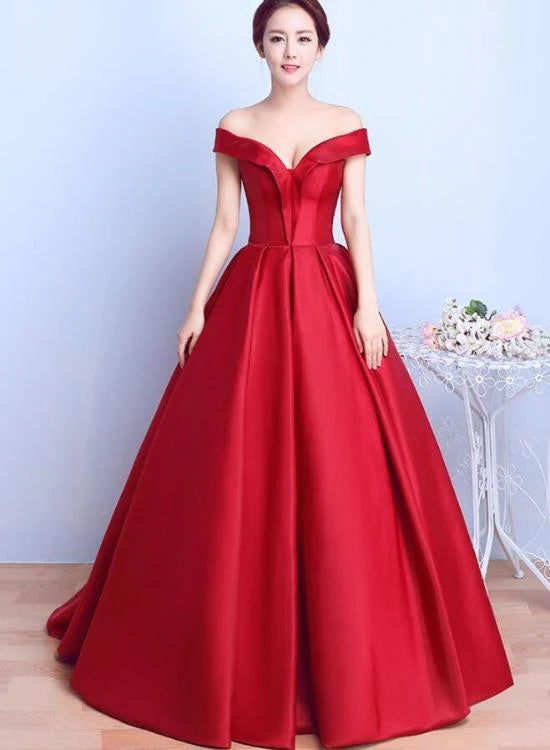 A-line Off Shoulder Satin Red Floor Length Evening Dress Prom Dress