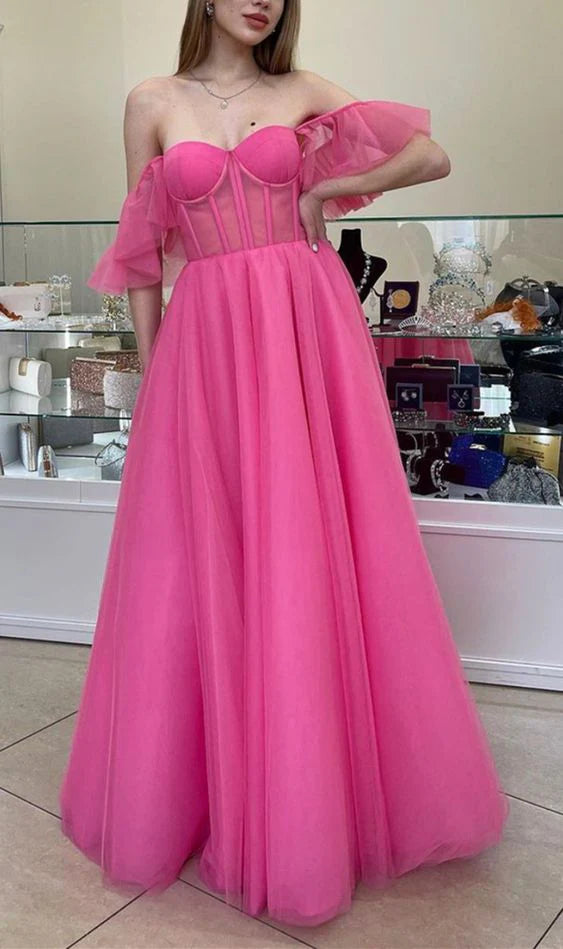 A-line Off The Shoulder Corset Tulle Pink Floor Length Prom Dress