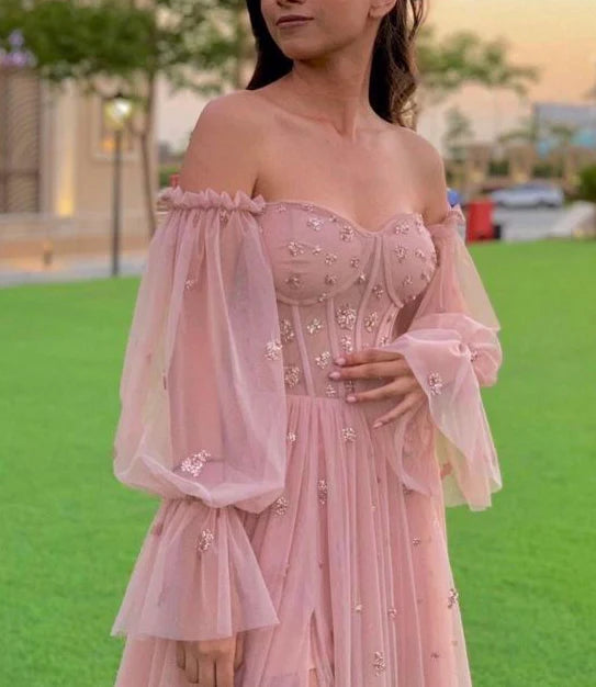 A-line Off The Shoulder Long Sleeves Corset Pink Prom Dress With Train