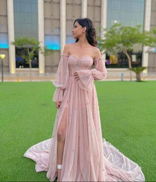 A-line Off The Shoulder Long Sleeves Corset Pink Prom Dress With Train