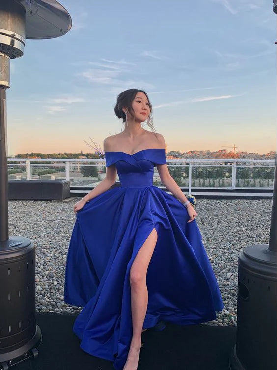 A-line Off The Shoulder Satin Royal Blue Prom Dress With High Slit