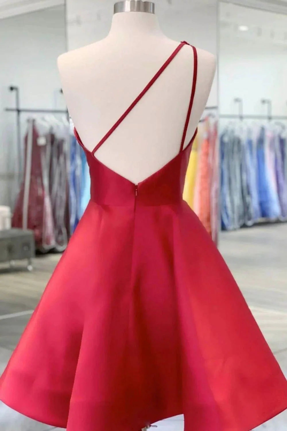A-line One Shoulder Sleeveless Applique Beaded Satin Red Homecoming Dress