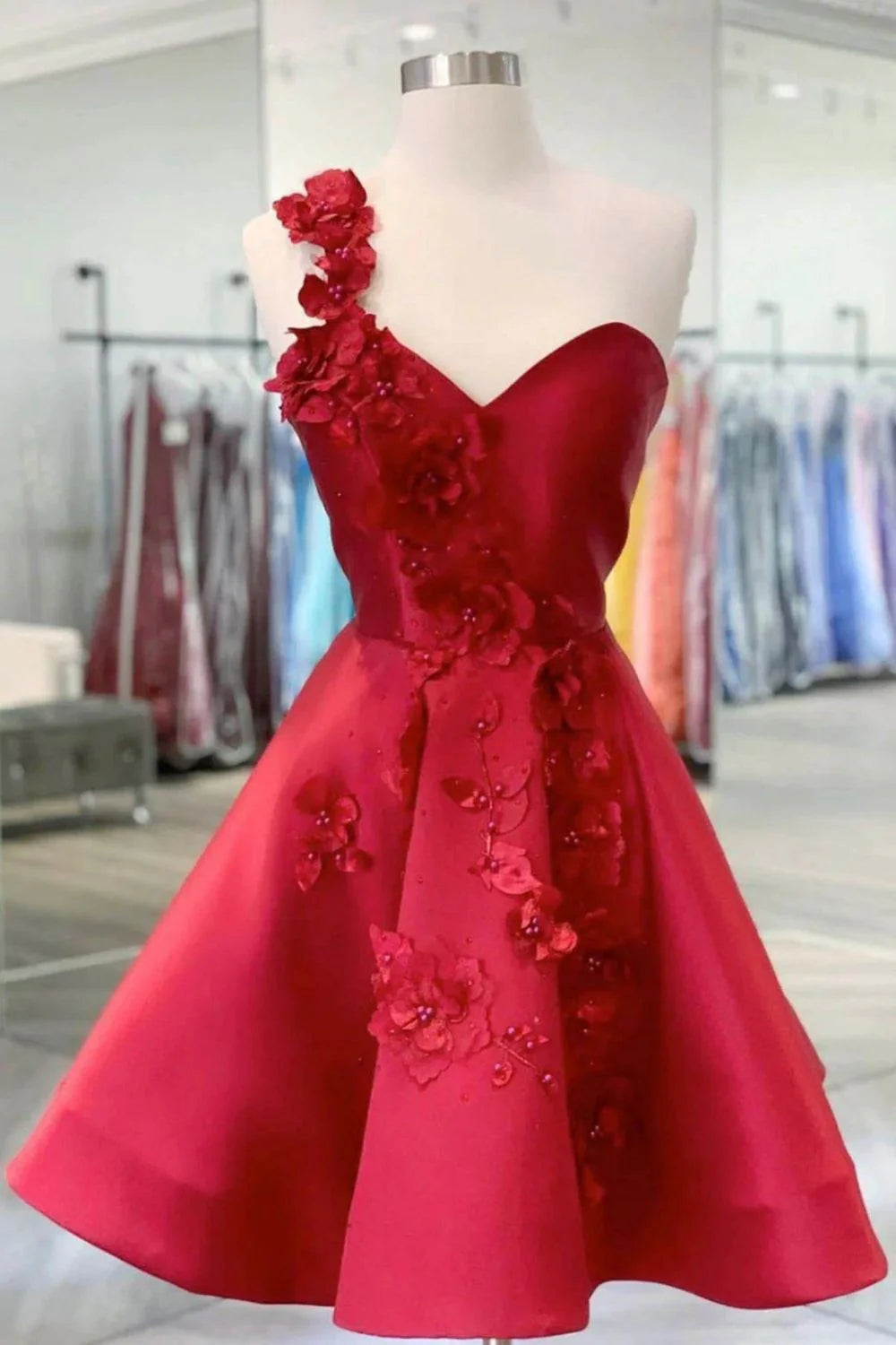 A-line One Shoulder Sleeveless Applique Beaded Satin Red Homecoming Dress