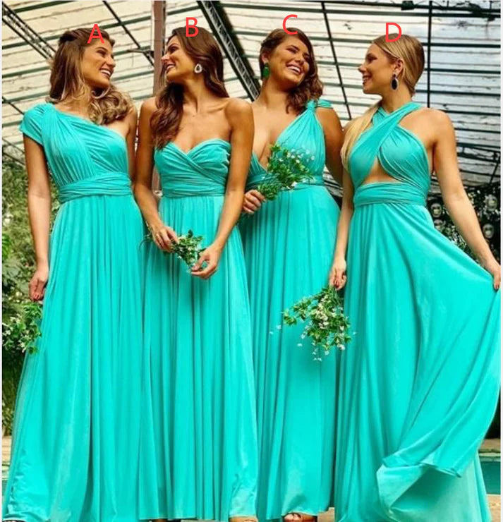A-line Pleated Chiffon Turquoise Floor Length Bridesmaid Dresses Casual