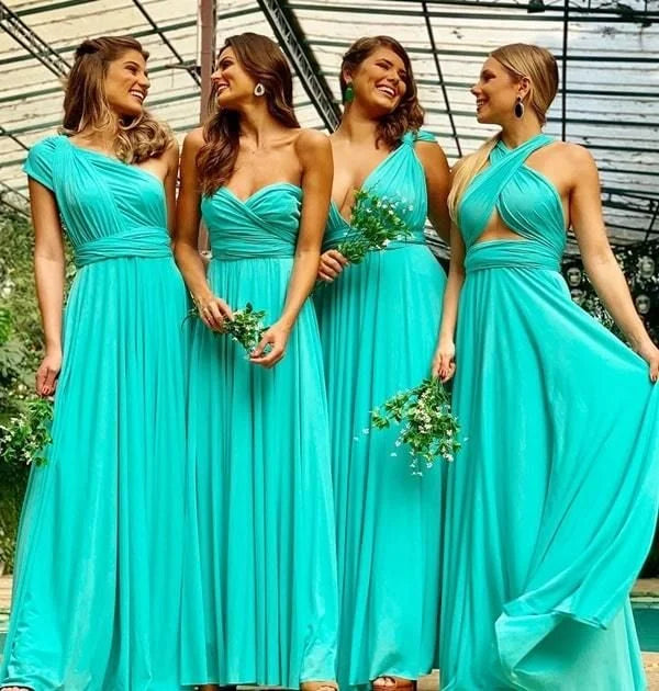 A-line Pleated Chiffon Turquoise Floor Length Bridesmaid Dresses Casual
