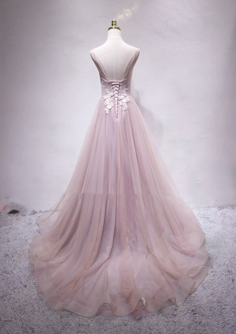 A-line Round Neck Applique Tulle Pink Long Formal Prom Dress