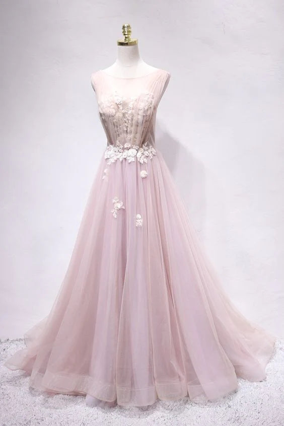A-line Round Neck Applique Tulle Pink Long Formal Prom Dress