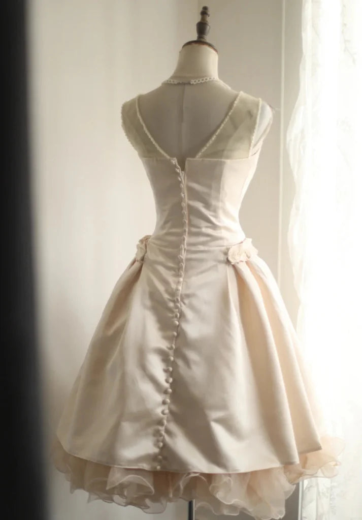 A-line Round Neck Buttons Beads Tulle Satin Champagne Short Party Dress