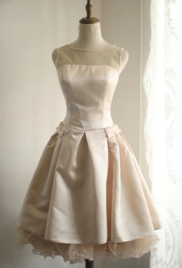 A-line Round Neck Buttons Beads Tulle Satin Champagne Short Party Dress