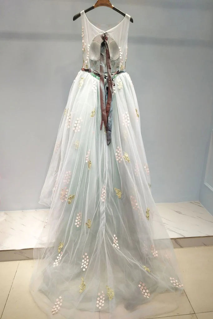 A-line Round Neck Floral Open Back Tulle Light Green Long Prom Dress