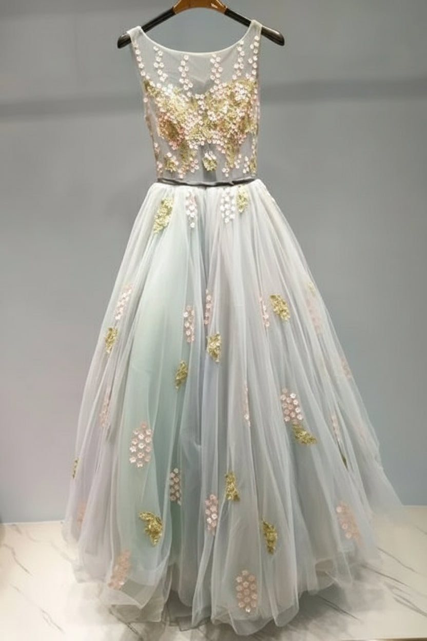 A-line Round Neck Floral Open Back Tulle Light Green Long Prom Dress