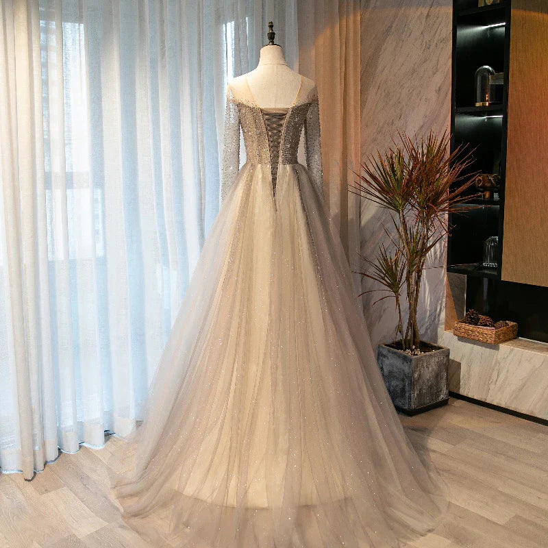A-line Round Neck Long Sleeves Beaded Tulle Light Grey Prom Dress