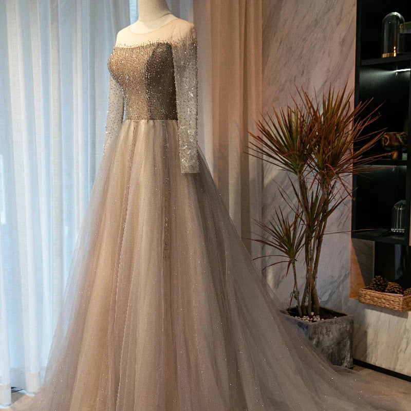 A-line Round Neck Long Sleeves Beaded Tulle Light Grey Prom Dress