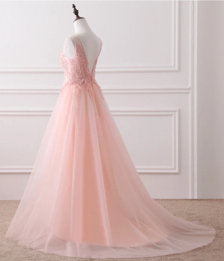 A-line Round Neck Sleeveless Lace Applique Tulle Pink Long Prom Dress