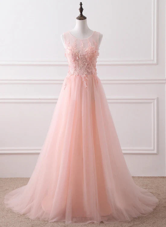 A-line Round Neck Sleeveless Lace Applique Tulle Pink Long Prom Dress