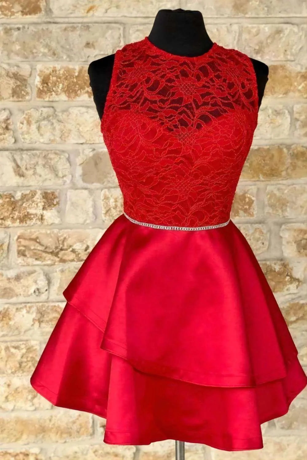 A-line Round Neck Tiered Satin Lace Red Homecoming Dress With Belt