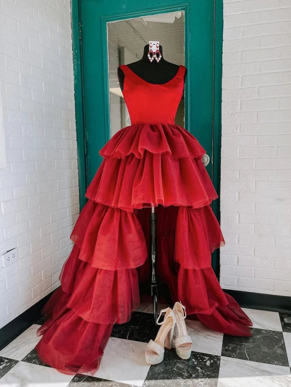 A-line Round Neck Tiered Tulle Burgundy High Low Prom Dress