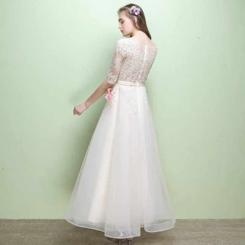 A-line Round Neckline Applique Lace Tulle Champagne Wedding Dress Prom Dress