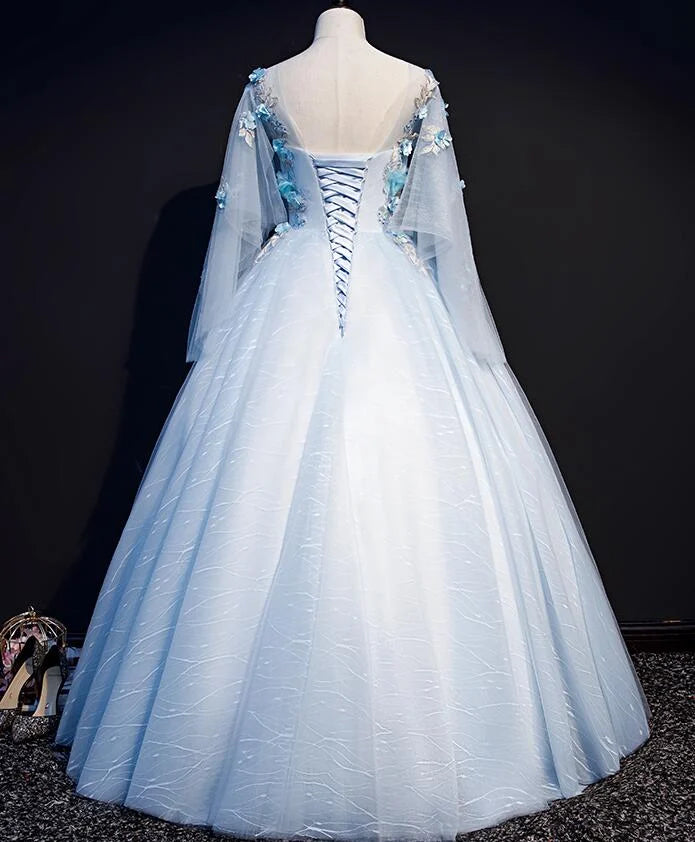 A-line Round Neckline Flowers Lace Light Blue Prom Dress Sweet 16 Dress