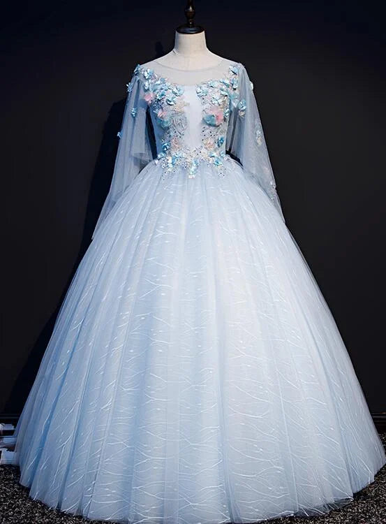 A-line Round Neckline Flowers Lace Light Blue Prom Dress Sweet 16 Dress