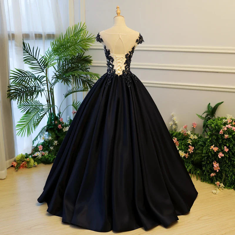 A-line Round Neckline Lace Applique Satin Black Long Prom Dress